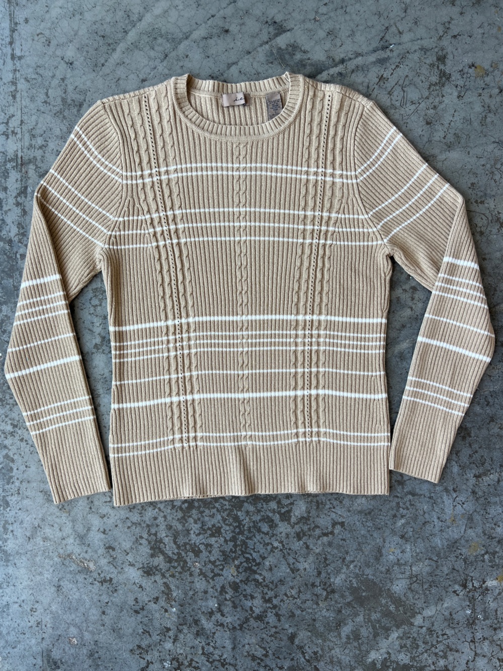 i.e. Sweater Tan White Striped Ribbed Knit Long Sleeve Top Fall Neutral Large